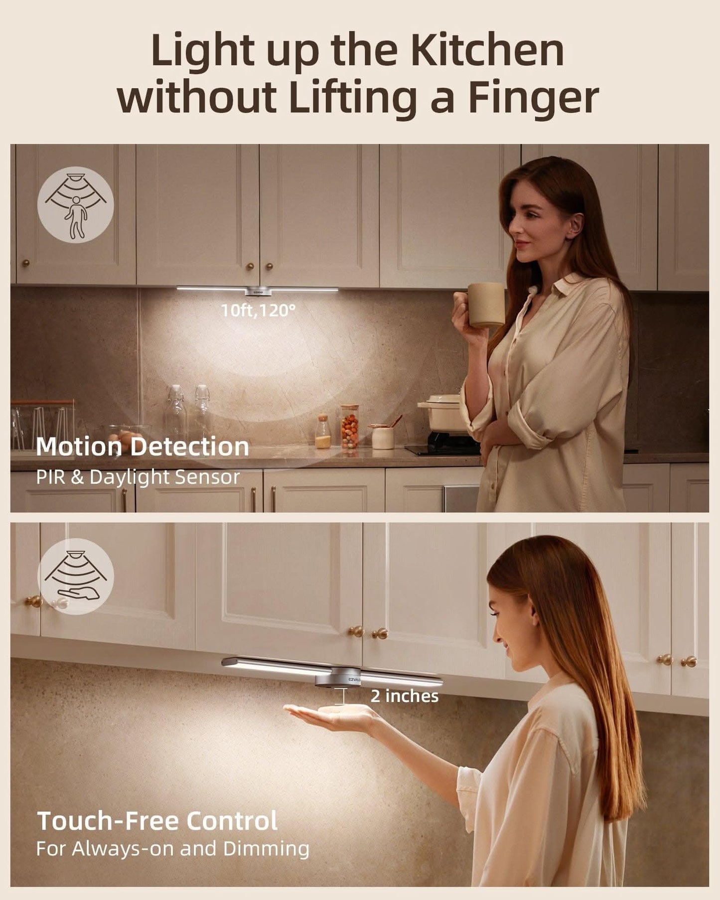 SPIRESHOP EzLumiBar Pro Motion Sensor Cabinet Light Rechargeable, hand-sweep dimming, 3 modes