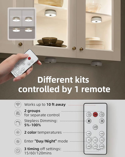 SPIRESHOP Cold White Led Puck Lights Group Control Under Cabinet Lights with Remote Station
