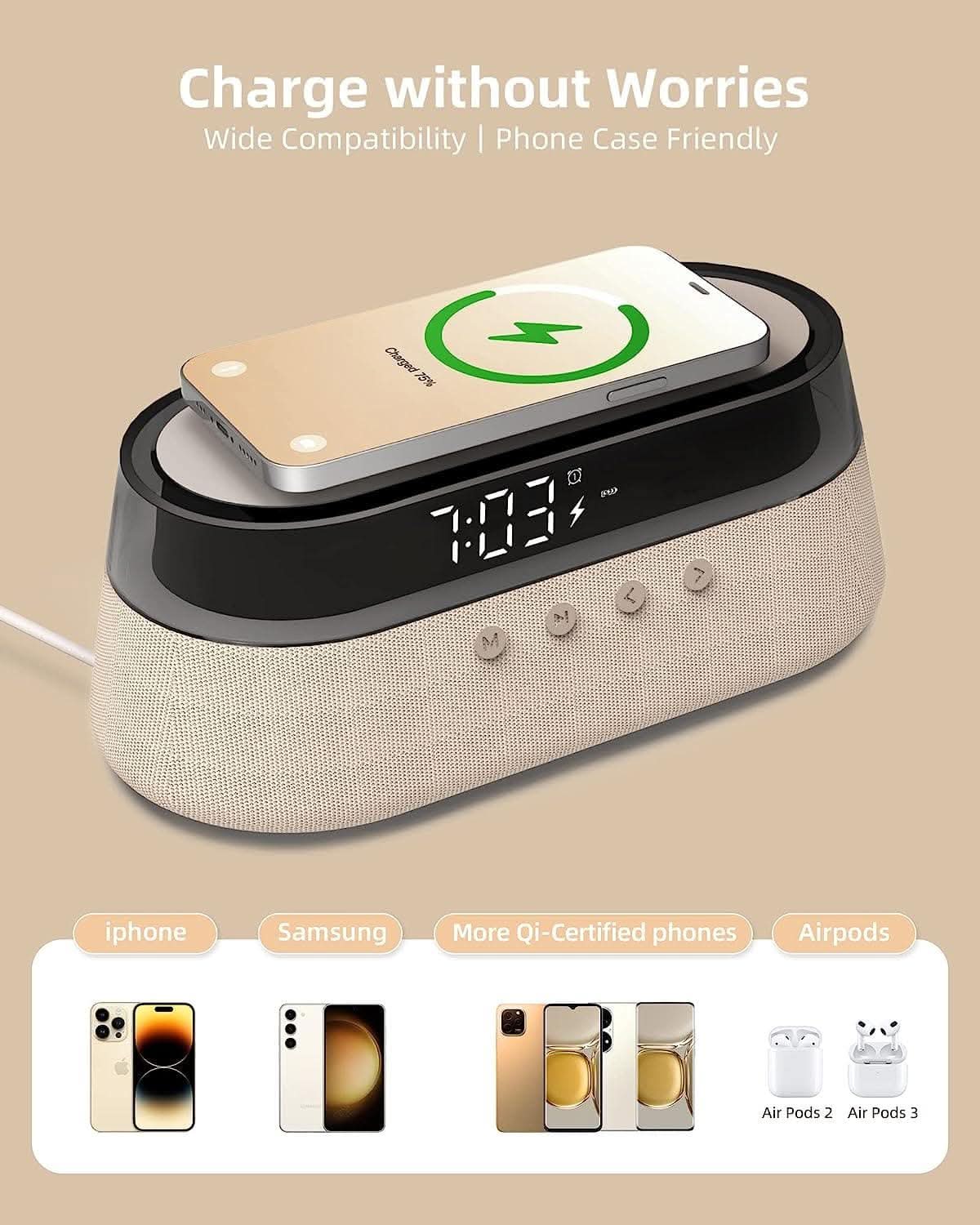 SPIRESHOP EzChrono Pro 6-in-1 Radio Alarm Clock with Wireless Charging 15W