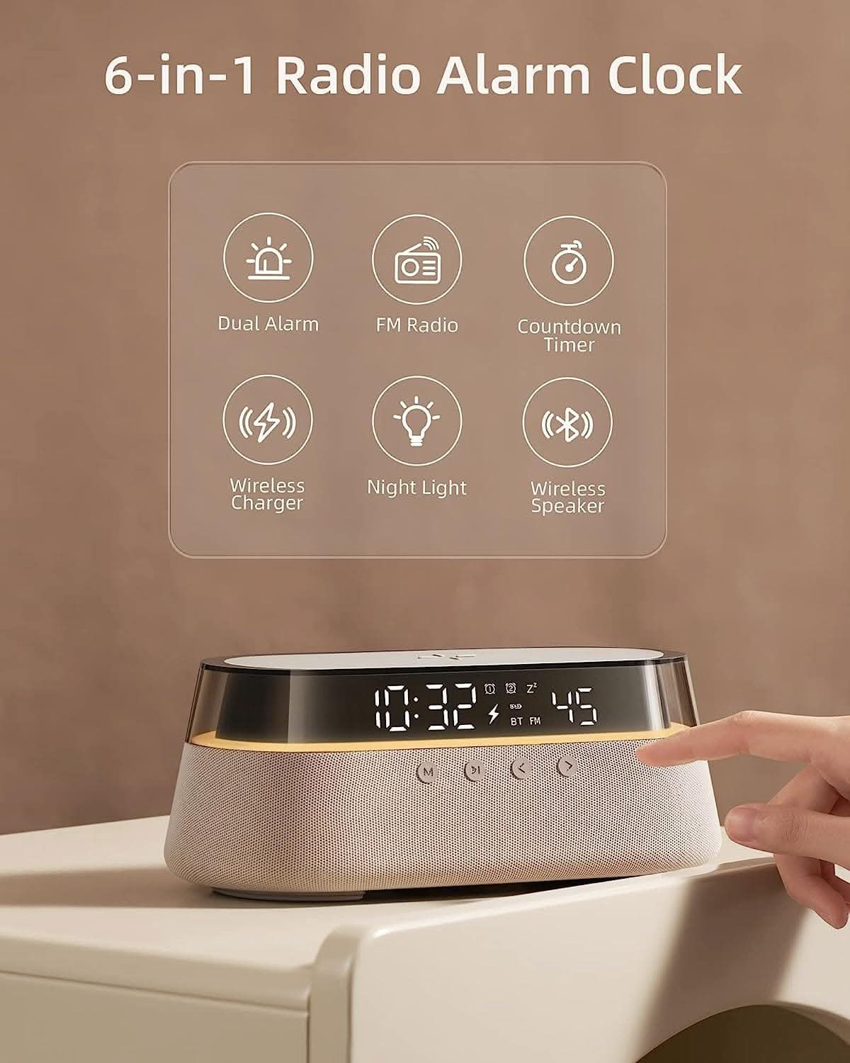 SPIRESHOP EzChrono Pro 6-in-1 Radio Alarm Clock with Wireless Charging 15W
